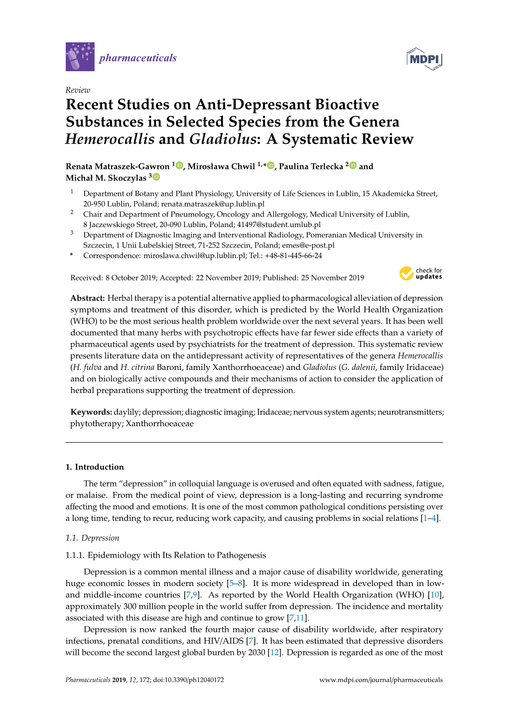 Recent Studies on Anti-Depressant Bioactive Substances in Selected Species from the Genera Hemerocallis and Gladiolus: a Systematic Review