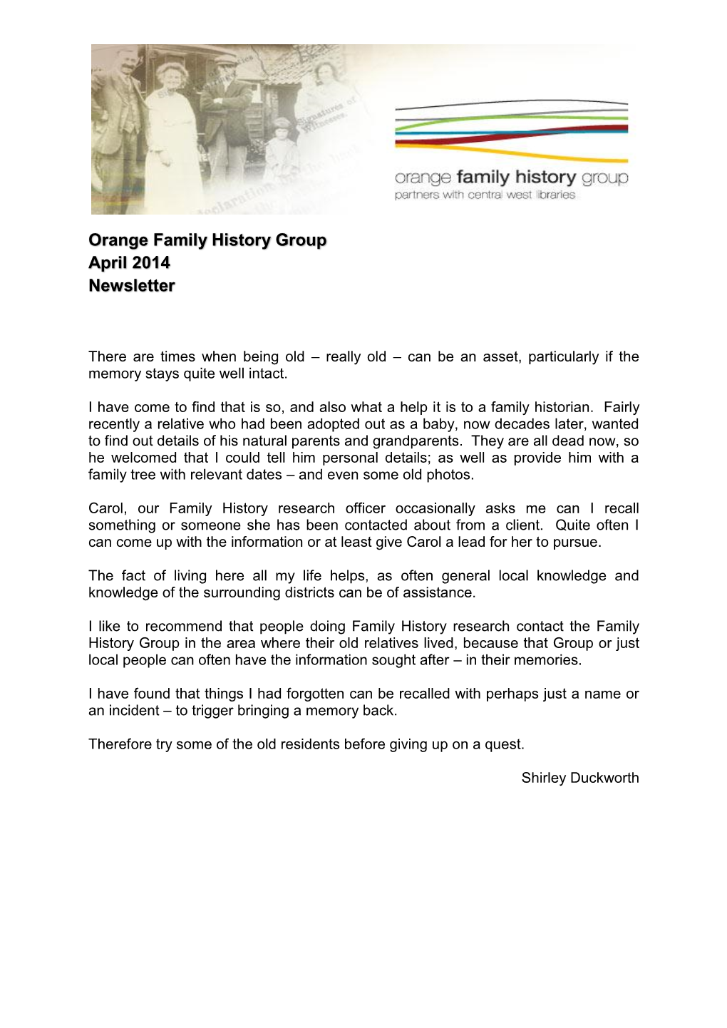 Orange Family History Group April 2014 Newsletter