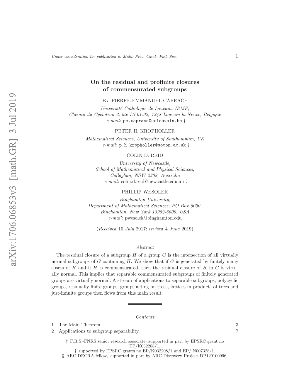 Arxiv:1706.06853V3 [Math.GR] 3 Jul 2019 Ne Osdrto O Ulcto Nmt.Po.Cm.Ph Camb