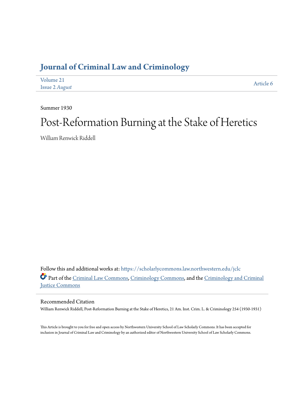 Post-Reformation Burning at the Stake of Heretics William Renwick Riddell