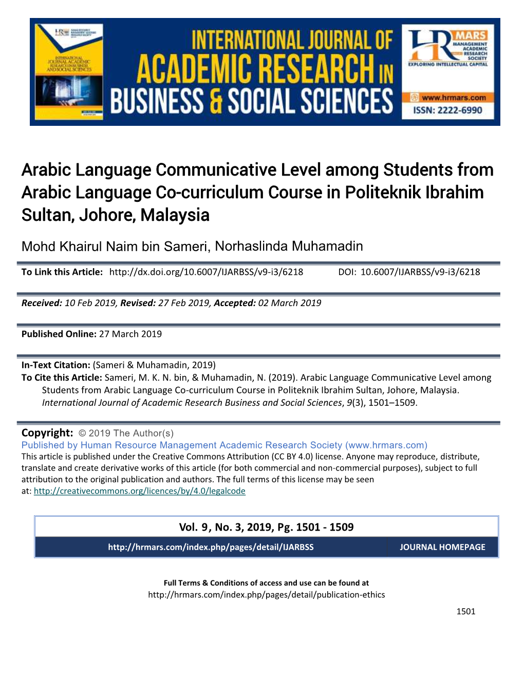 Arabic Language Communicative Level Among Students from Arabic Language Co-Curriculum Course in Politeknik Ibrahim Sultan, Johore, Malaysia