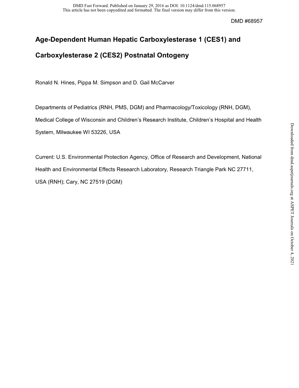 (CES1) and Carboxylesterase 2 (CES2) Postnatal Ontogeny