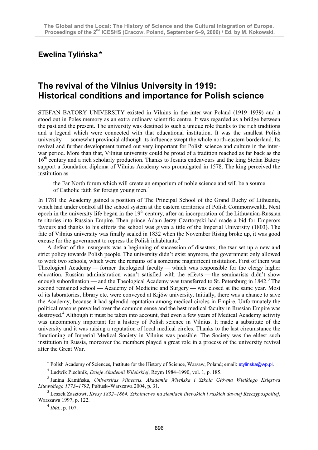 The Revival of the Vilnius University in 1919: Historical Conditions and Importance for Polish Science