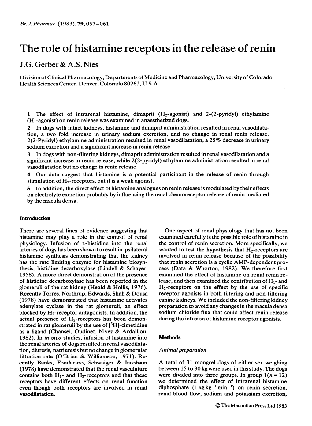 The Role of Histamine Receptors in the Release of Renin J.G