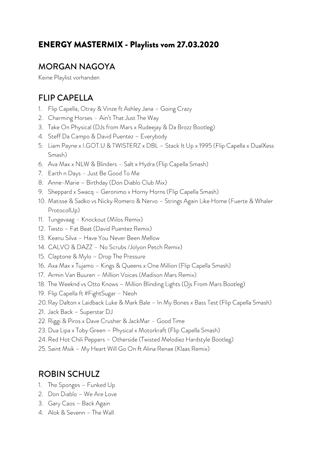 Playlists Vom 27.03.2020 MORGAN NAGOYA FLIP CAPELLA ROBIN