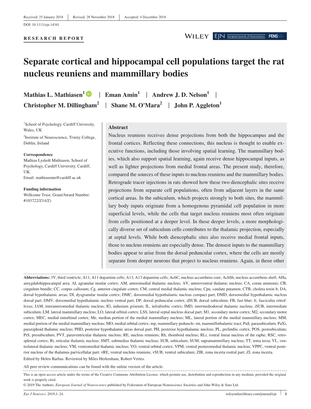 Separate Cortical and Hippocampal Cell Populations Target the Rat Nucleus Reuniens and Mammillary Bodies