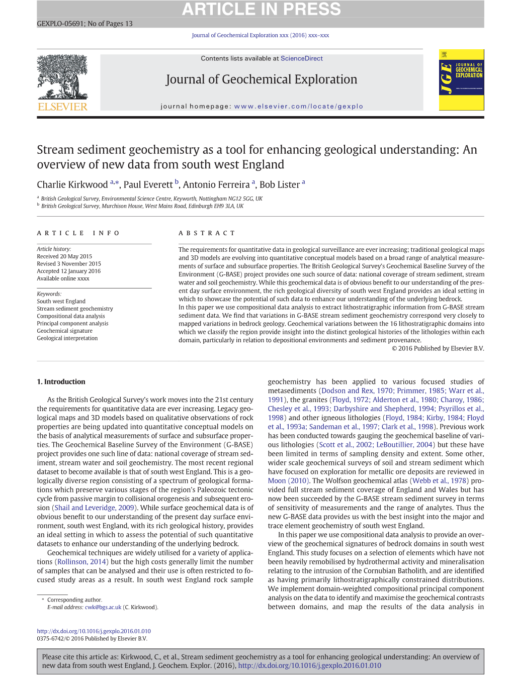 Stream Sediment Geochemistry As a Tool for Enhancing Geological Understanding: an Overview of New Data from South West England