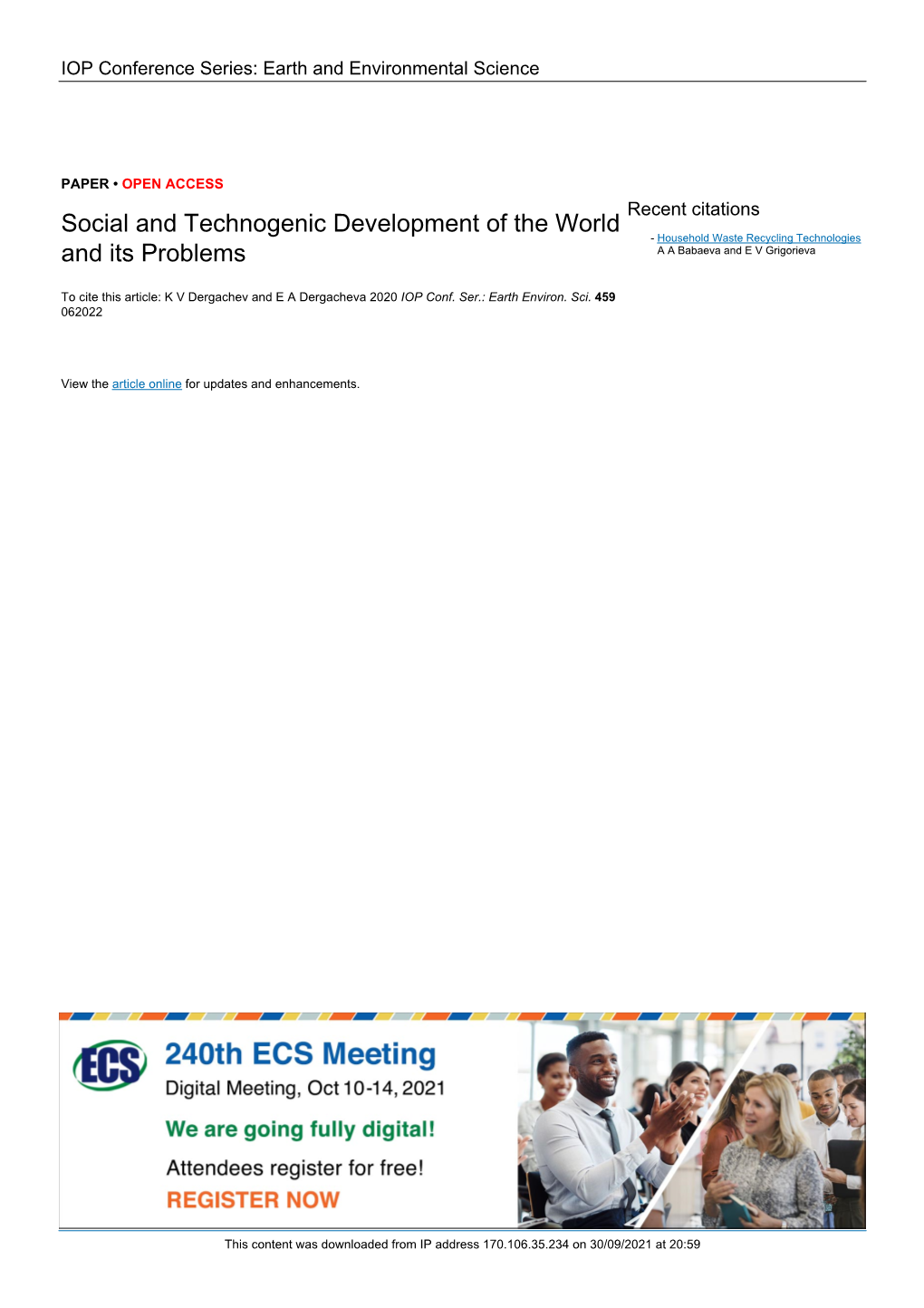 Social and Technogenic Development of the World and Its Problems