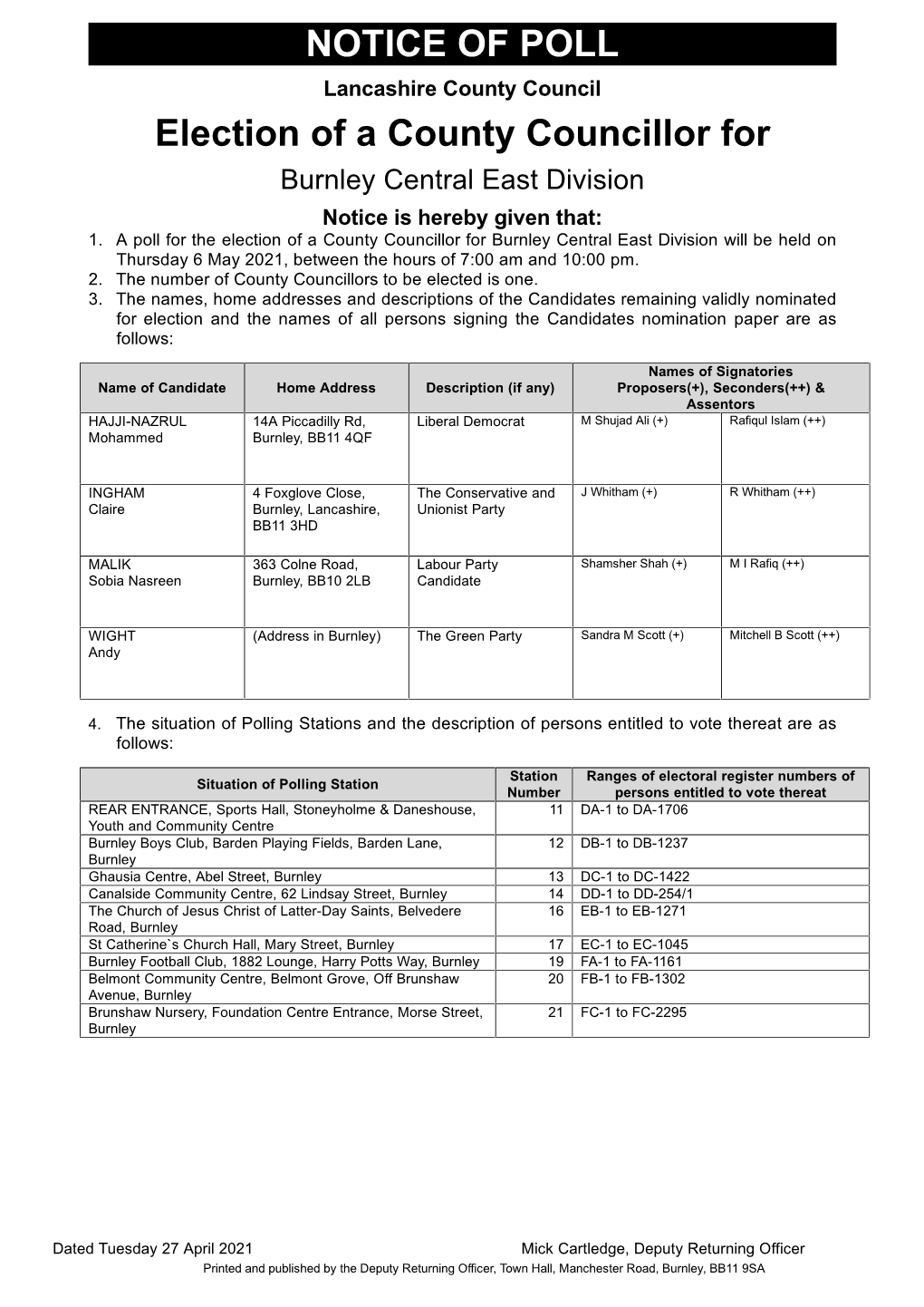 NOTICE of POLL Election of a County Councillor