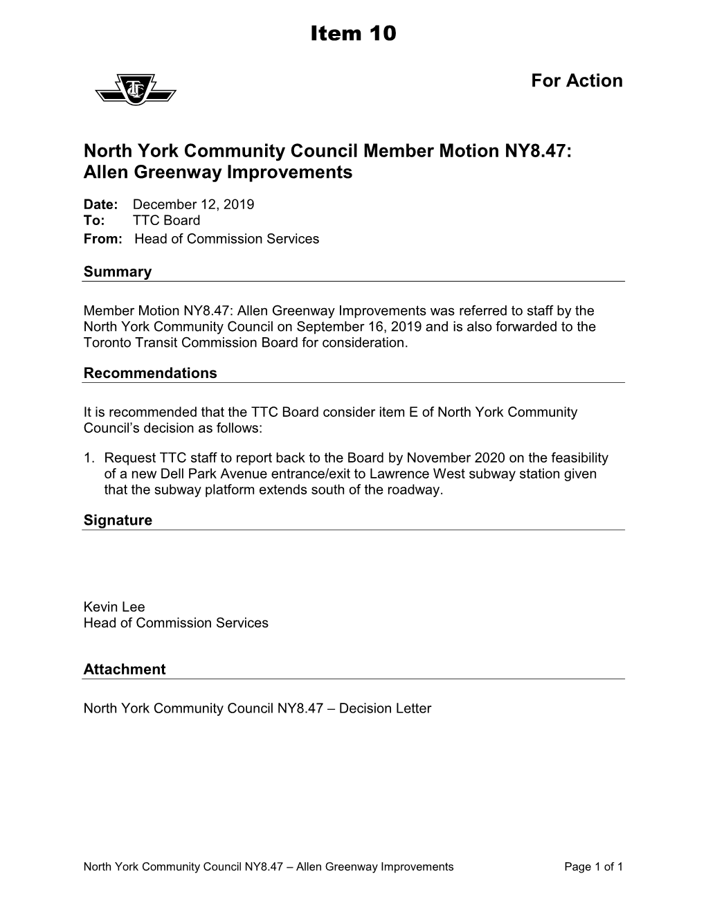 North York Community Council Member Motion NY8.47: Allen Greenway Improvements