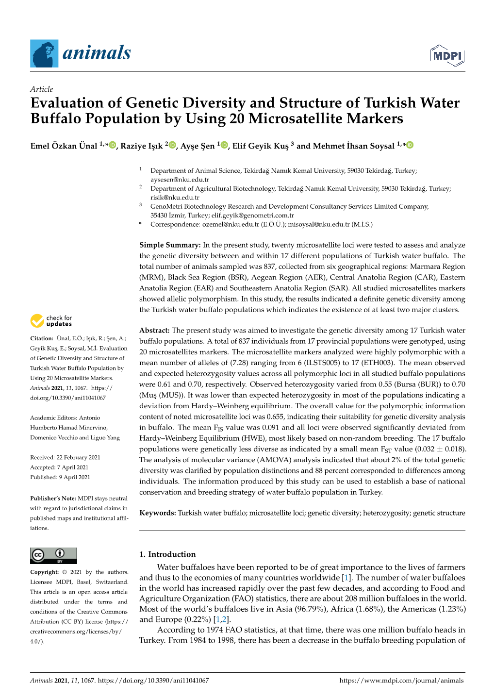 Evaluation of Genetic Diversity and Structure of Turkish Water Buffalo Population by Using 20 Microsatellite Markers