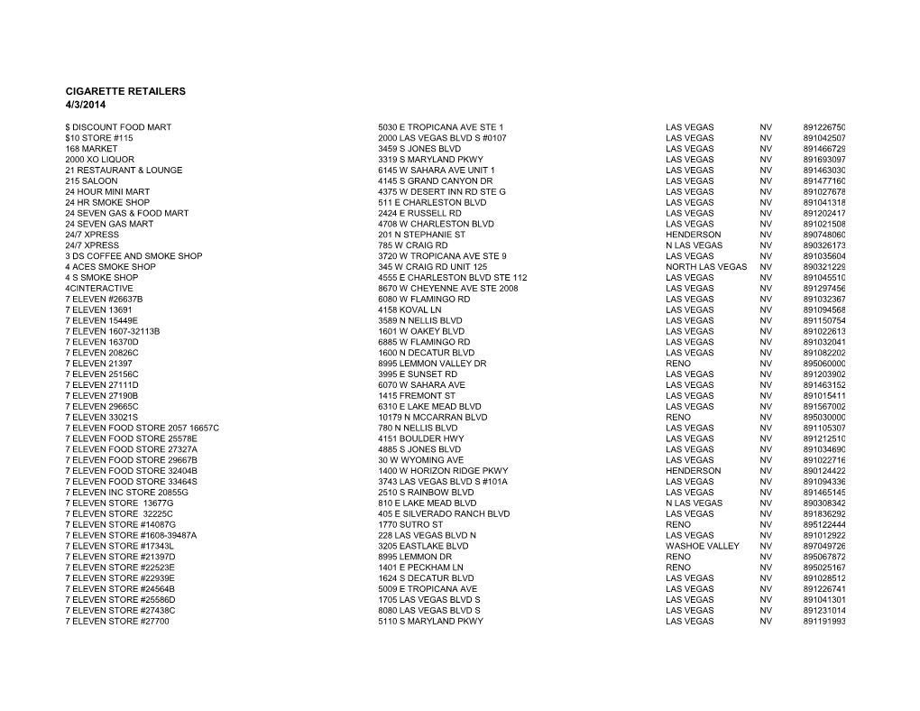 Cigarette Retailers 4/3/2014