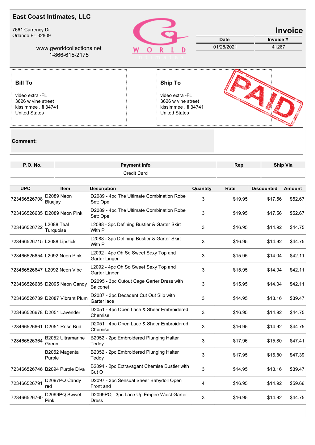 Invoice Orlando FL 32809 Date Invoice # 01/28/2021 41267 1-866-615-2175