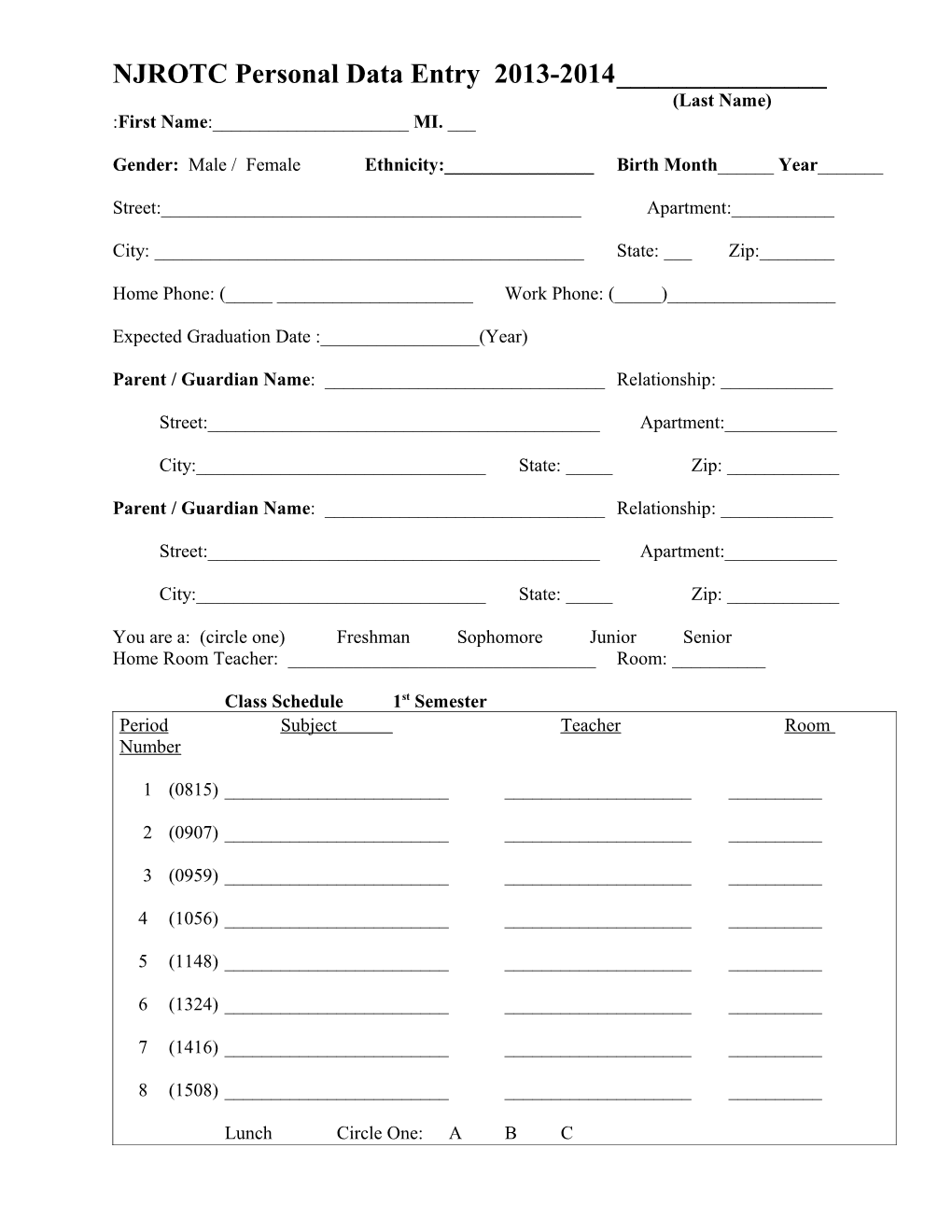 NJROTC Personal Data Entry 2005 – 2006