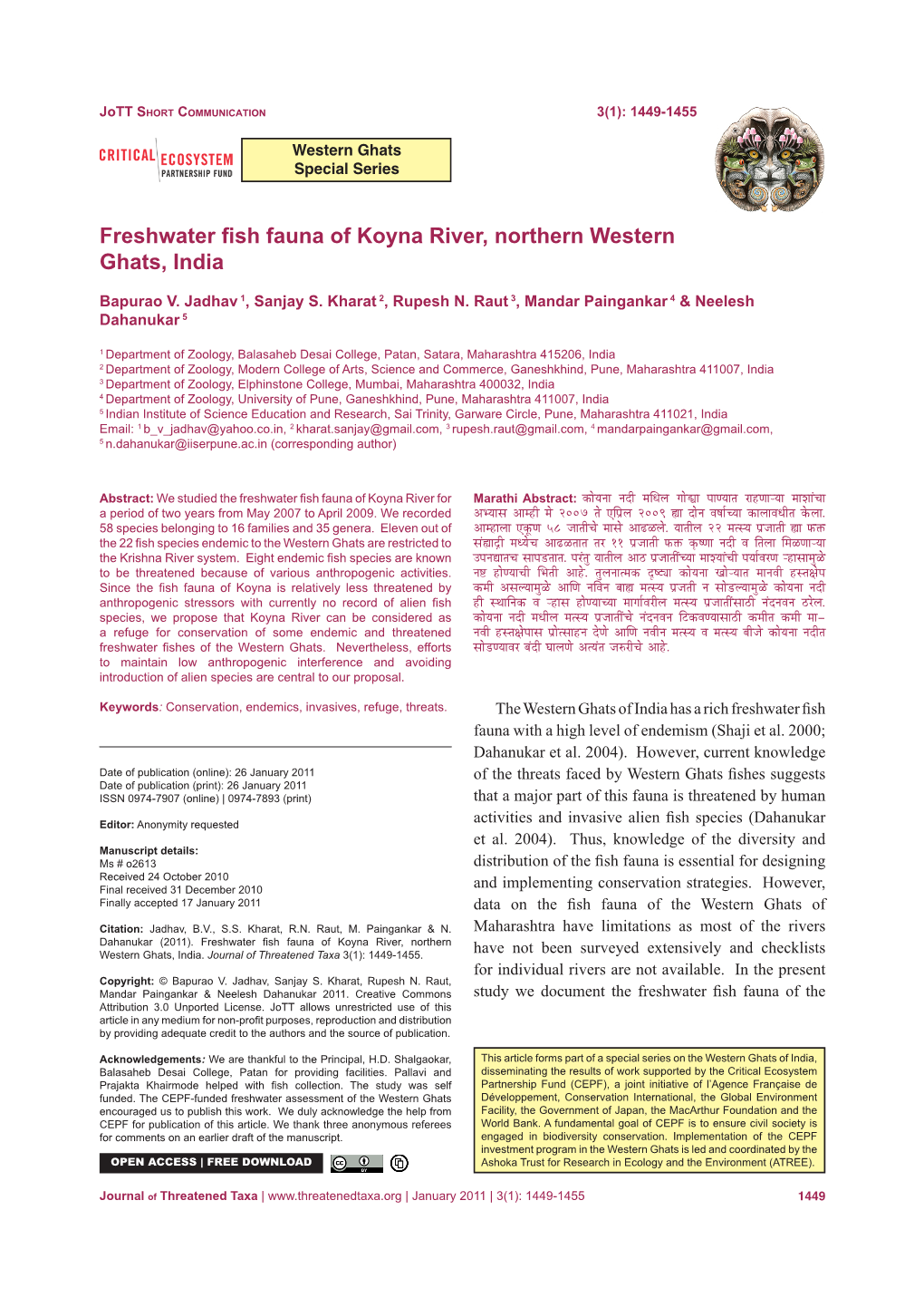 Freshwater Fish Fauna of Koyna River, Northern Western Ghats, India