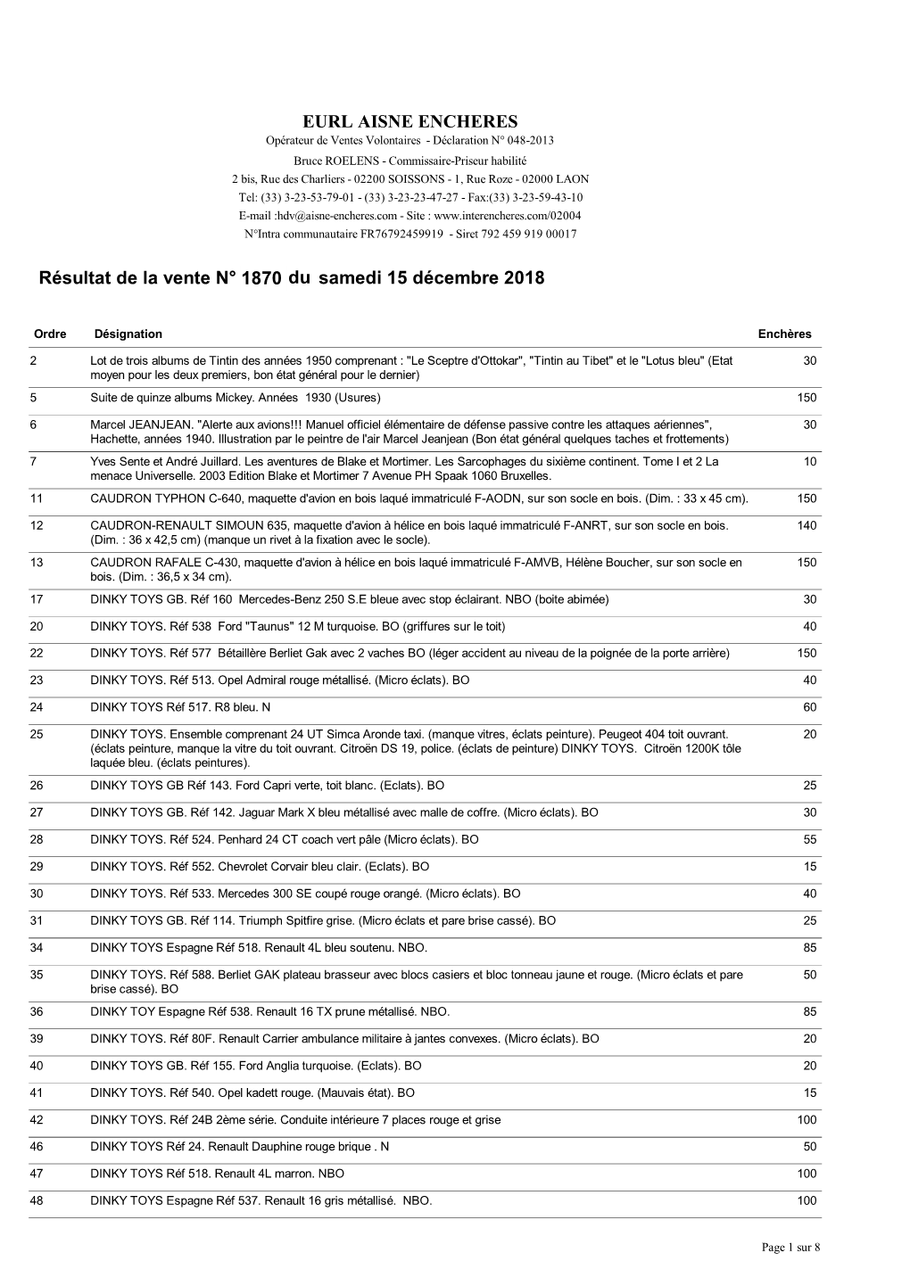 EURL AISNE ENCHERES Résultat De La Vente N° 1870 Du Samedi