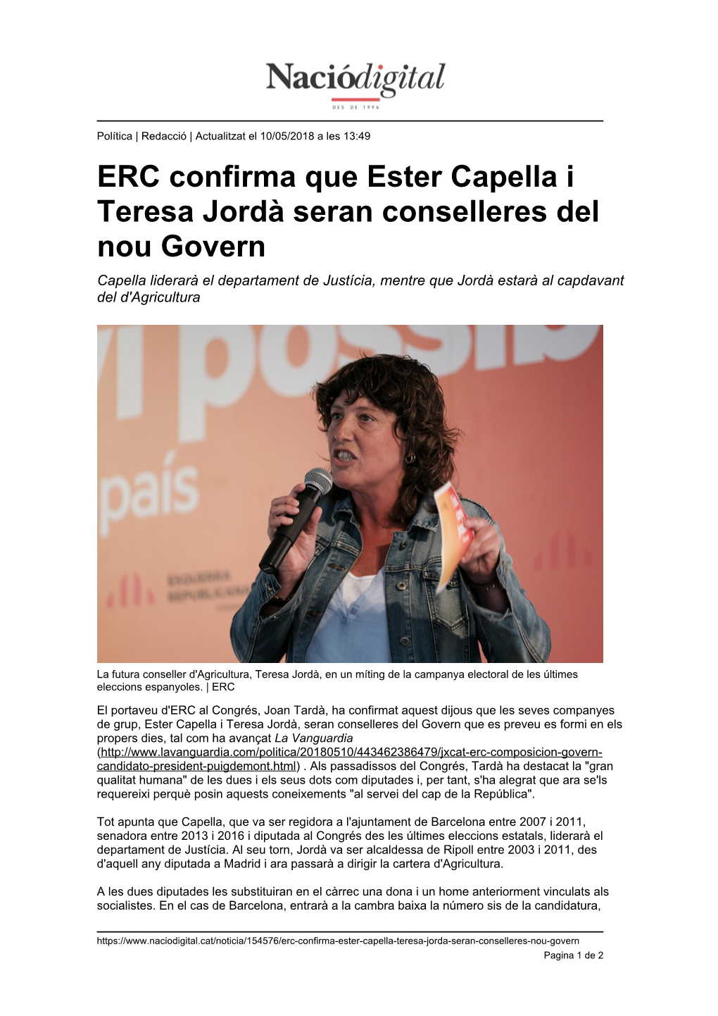 ERC Confirma Que Ester Capella I Teresa Jordà Seran Conselleres Del Nou Govern