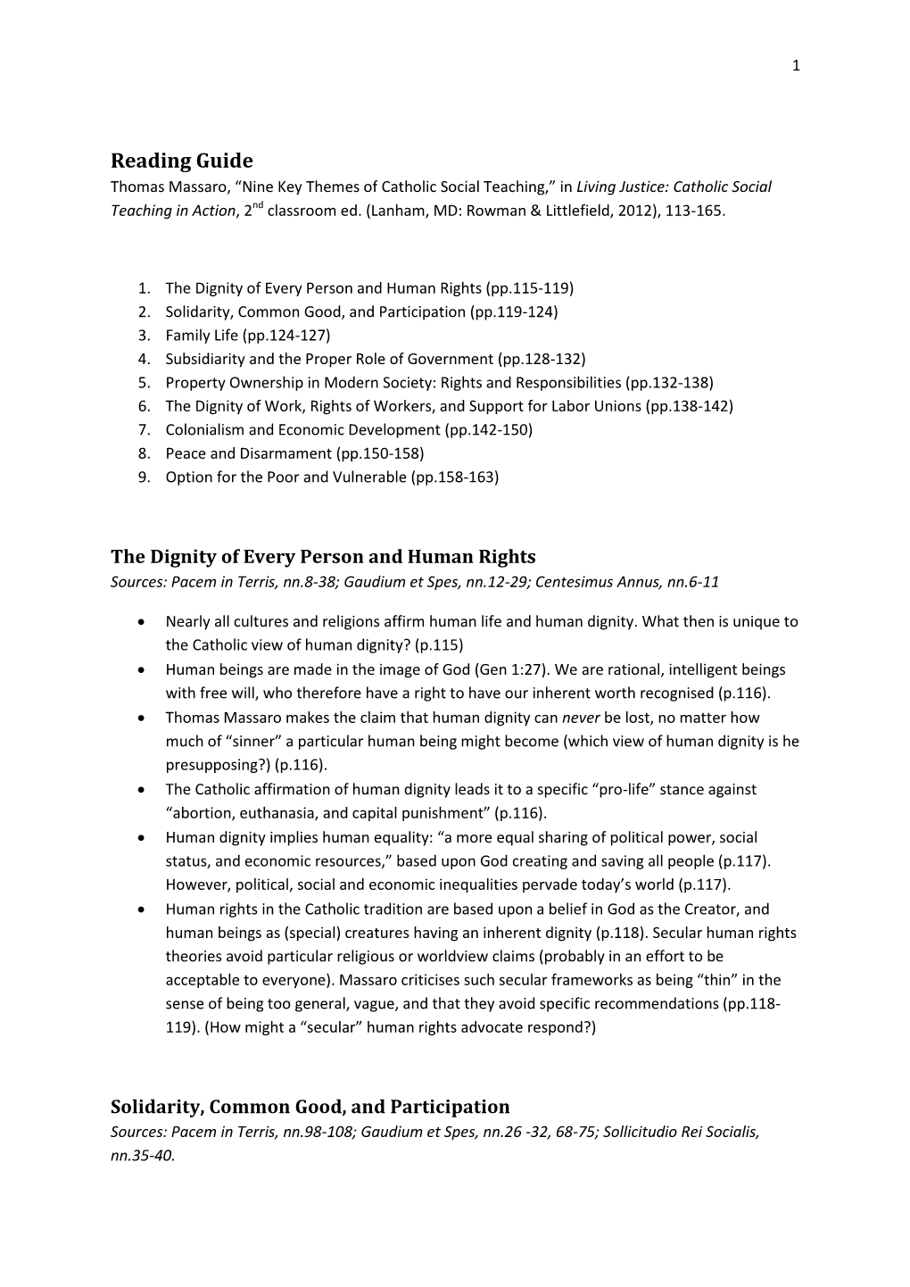 Reading Guide Thomas Massaro, “Nine Key Themes of Catholic Social Teaching,” in Living Justice: Catholic Social Teaching in Action, 2Nd Classroom Ed