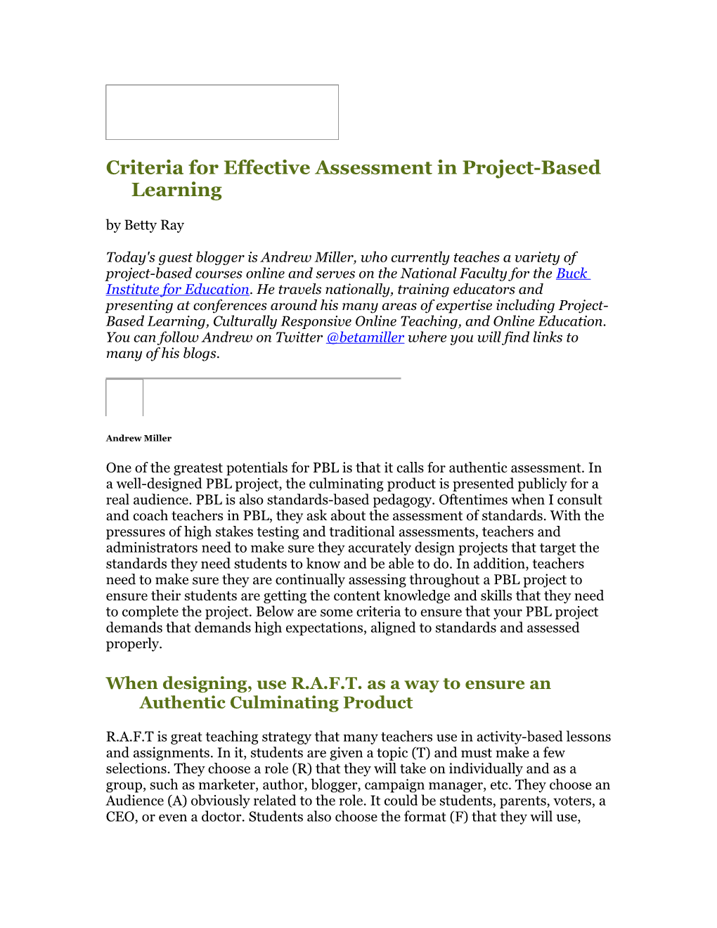 Criteria for Effective Assessment in Project-Based Learning