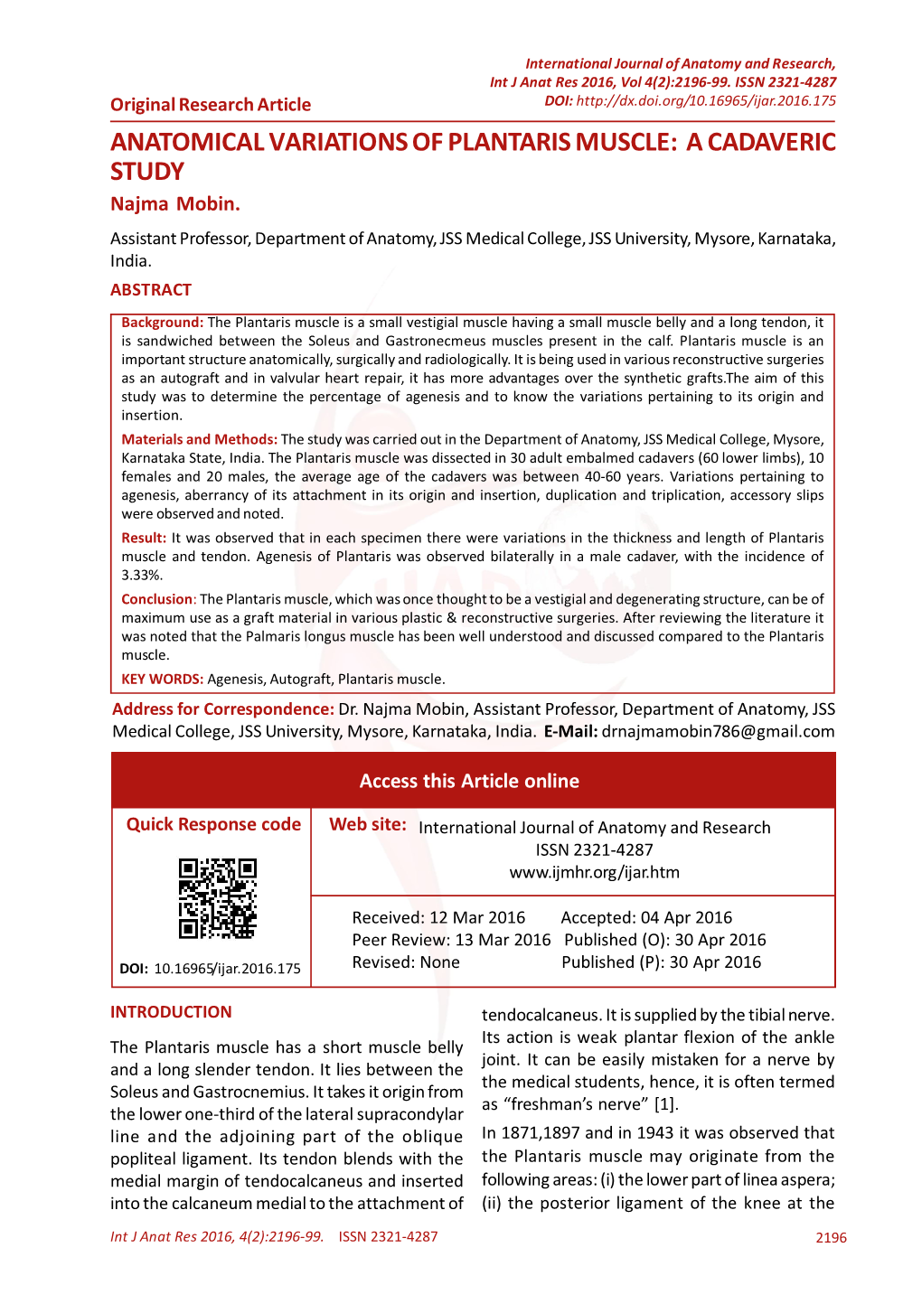 ANATOMICAL VARIATIONS of PLANTARIS MUSCLE: a CADAVERIC STUDY Najma Mobin