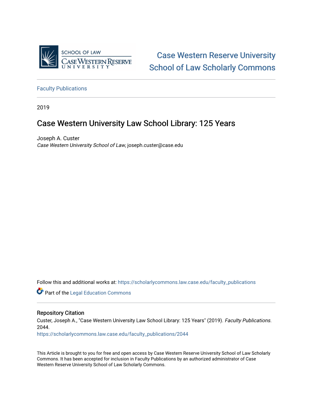 Case Western University Law School Library: 125 Years