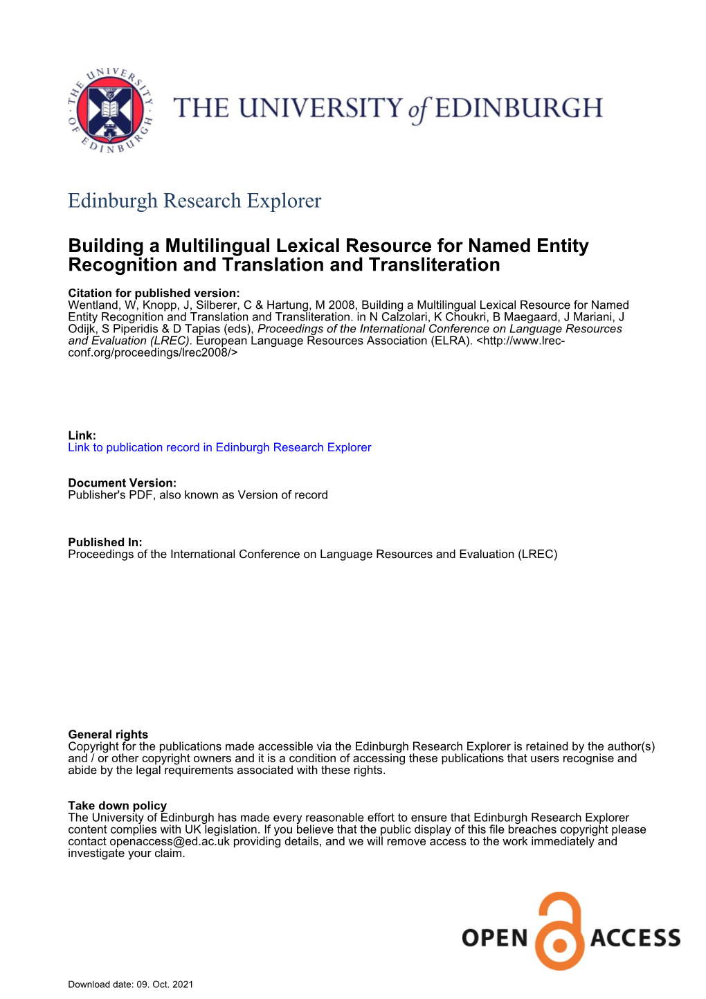 Building a Multilingual Lexical Resource for Named Entity