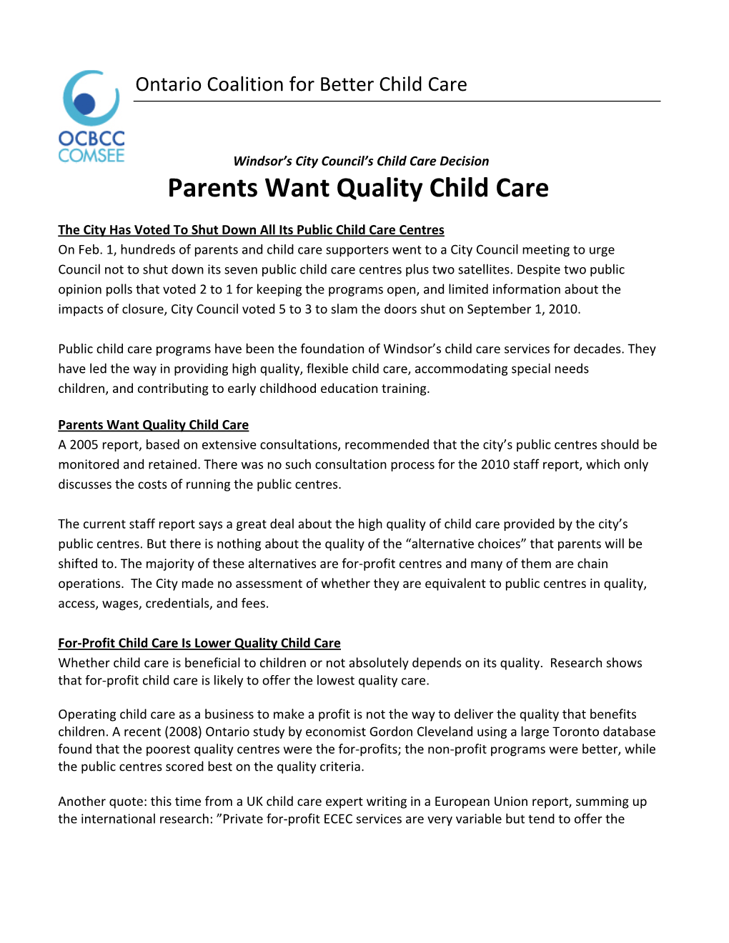 Parents Want Quality Child Care