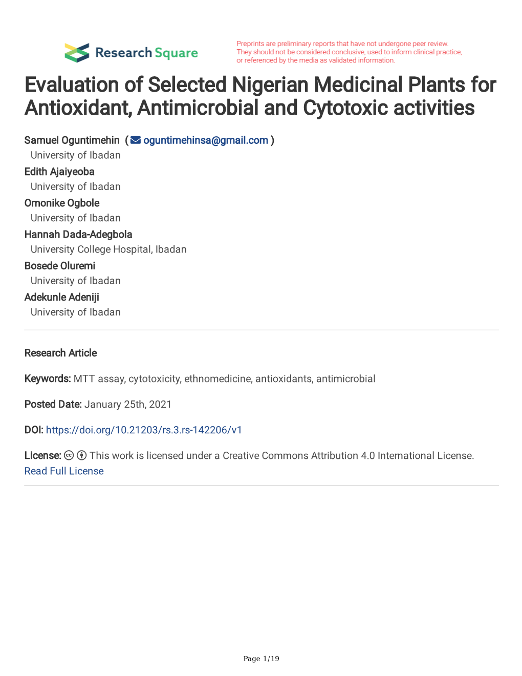 Evaluation of Selected Nigerian Medicinal Plants for Antioxidant, Antimicrobial and Cytotoxic Activities