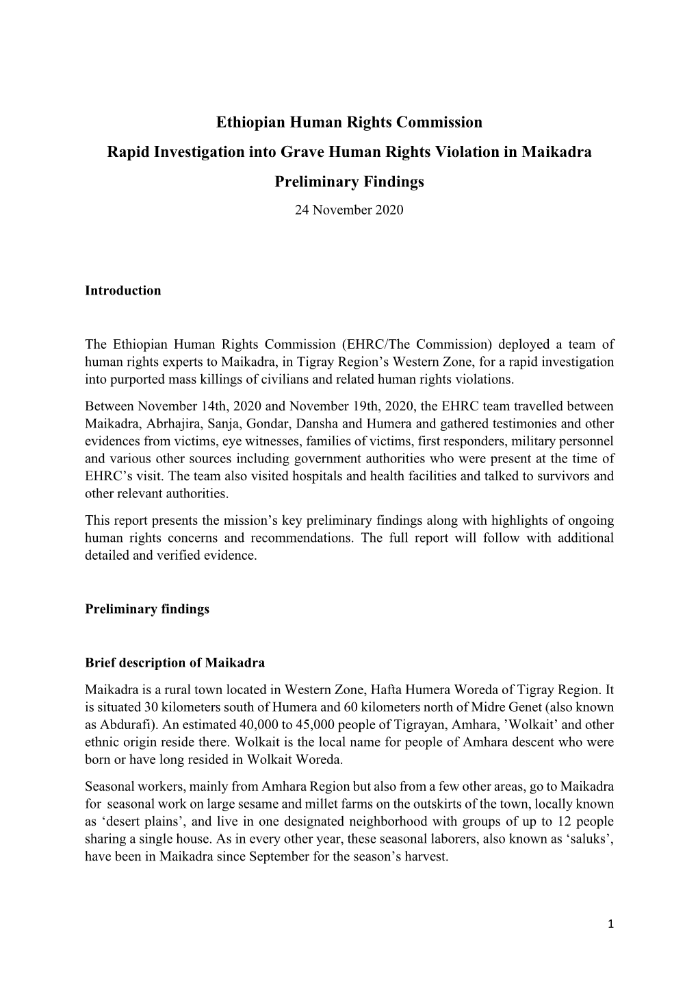 Ethiopian Human Rights Commission Rapid Investigation Into Grave Human Rights Violation in Maikadra Preliminary Findings 24 November 2020