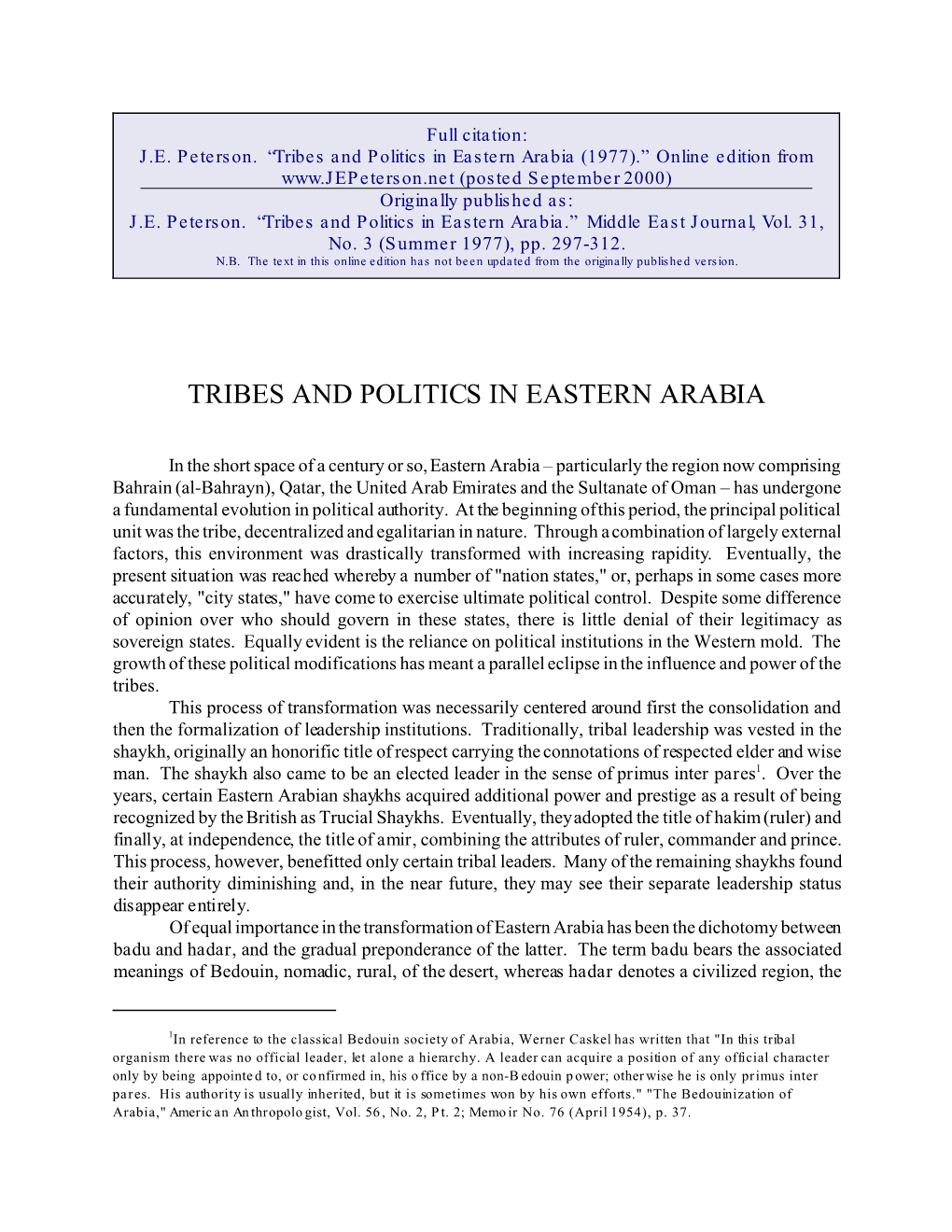 Tribes and Politics in Eastern Arabia (1977).” Online Edition from (Posted September 2000) Originally Published As: J.E