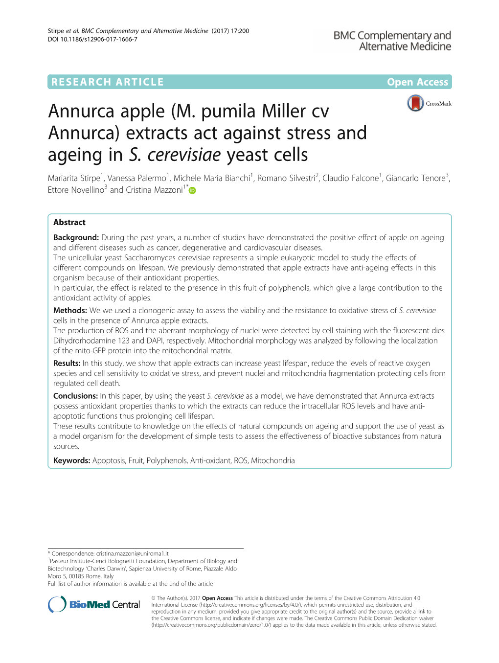 Annurca Apple (M. Pumila Miller Cv Annurca) Extracts Act Against Stress and Ageing in S. Cerevisiae Yeast Cells