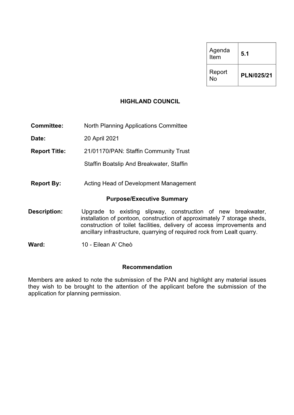 5.1 Applicant: Staffin Community Trust (21/01170/PAN) (PLN/025/21)