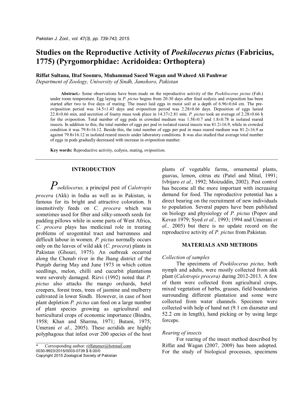 Studies on the Reproductive Activity of Poekilocerus Pictus (Fabricius, 1775) (Pyrgomorphidae: Acridoidea: Orthoptera)