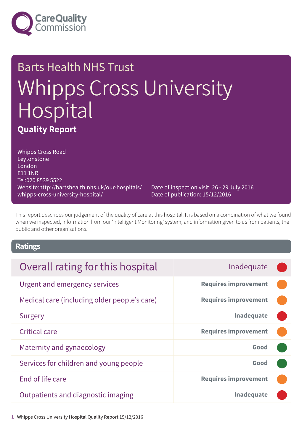 Barts Health NHS Trust Whipps Cross University Hospital Quality Report