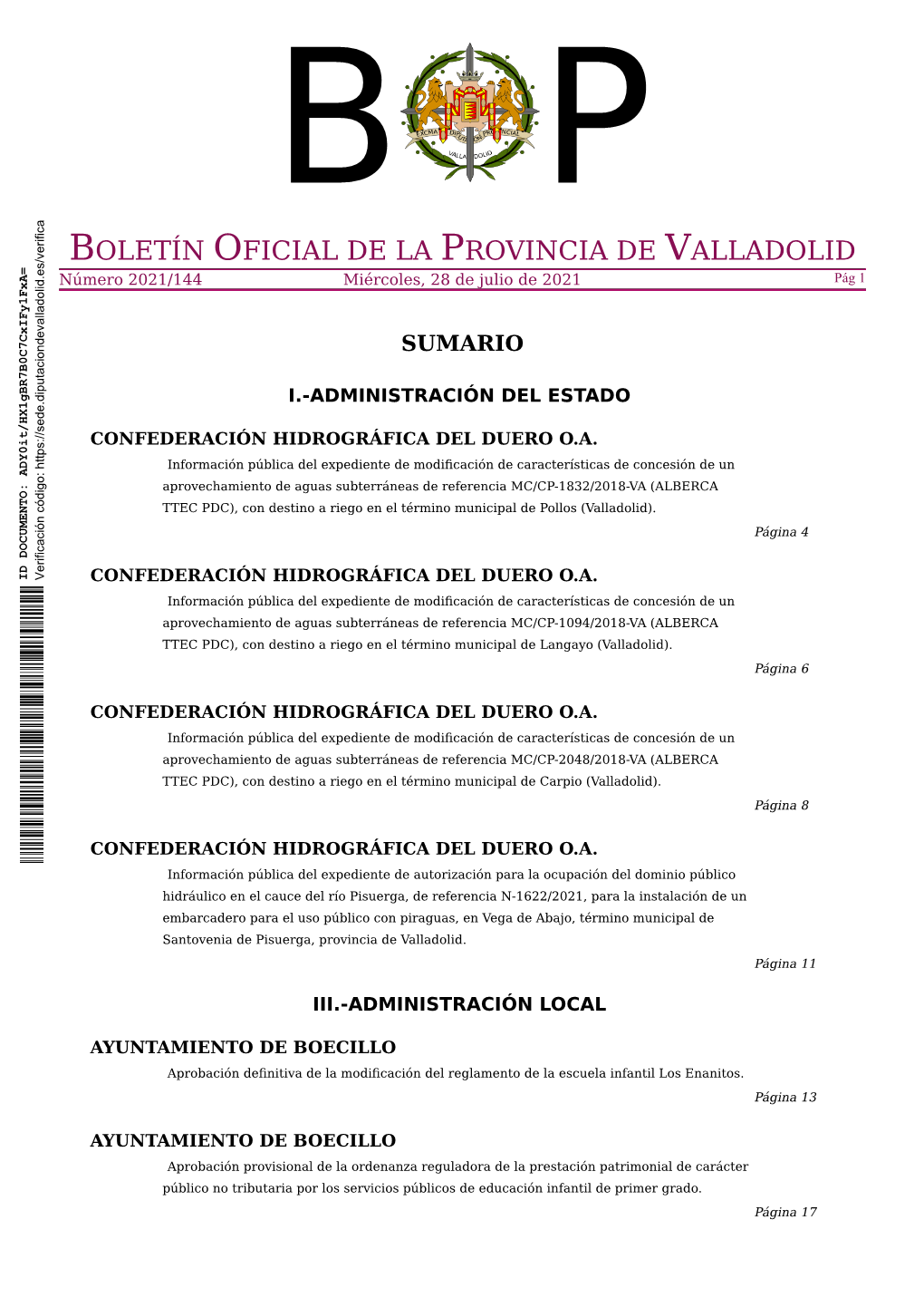 BOLETÍN OFICIAL DE LA PROVINCIA DE VALLADOLID Número 2021/144 Miércoles, 28 De Julio De 2021 Pág 1