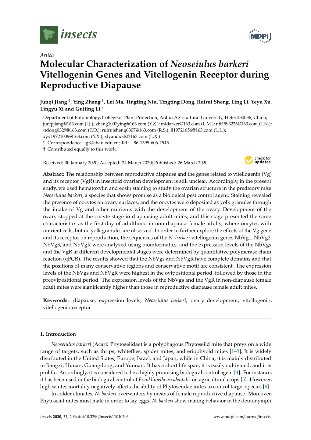 Molecular Characterization of Neoseiulus Barkeri Vitellogenin Genes and Vitellogenin Receptor During Reproductive Diapause