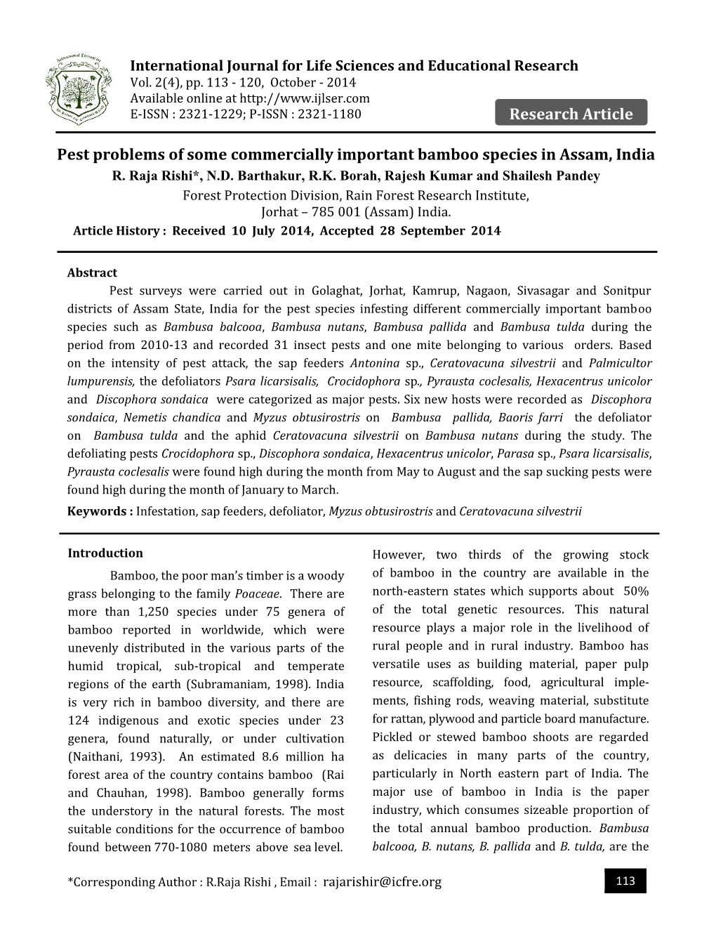 Research Article Pest Problems of Some Commercially Important