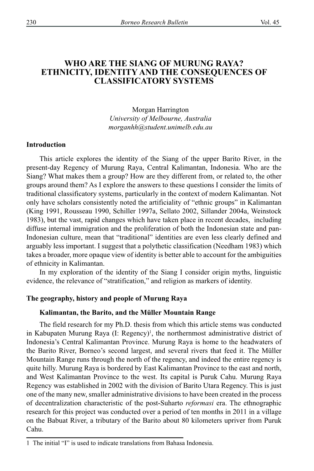 Who Are the Siang of Murung Raya? Ethnicity, Identity and the Consequences of Classificatory Systems