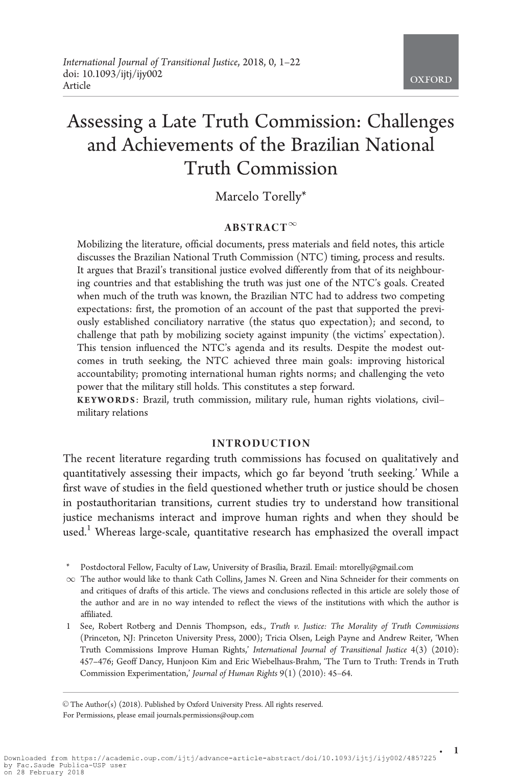 Assessing a Late Truth Commission: Challenges and Achievements of the Brazilian National Truth Commission Marcelo Torelly*