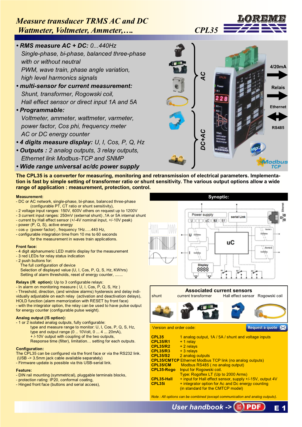 Measure Transducer TRMS AC and DC Wattmeter, Voltmeter, Ammeter,…