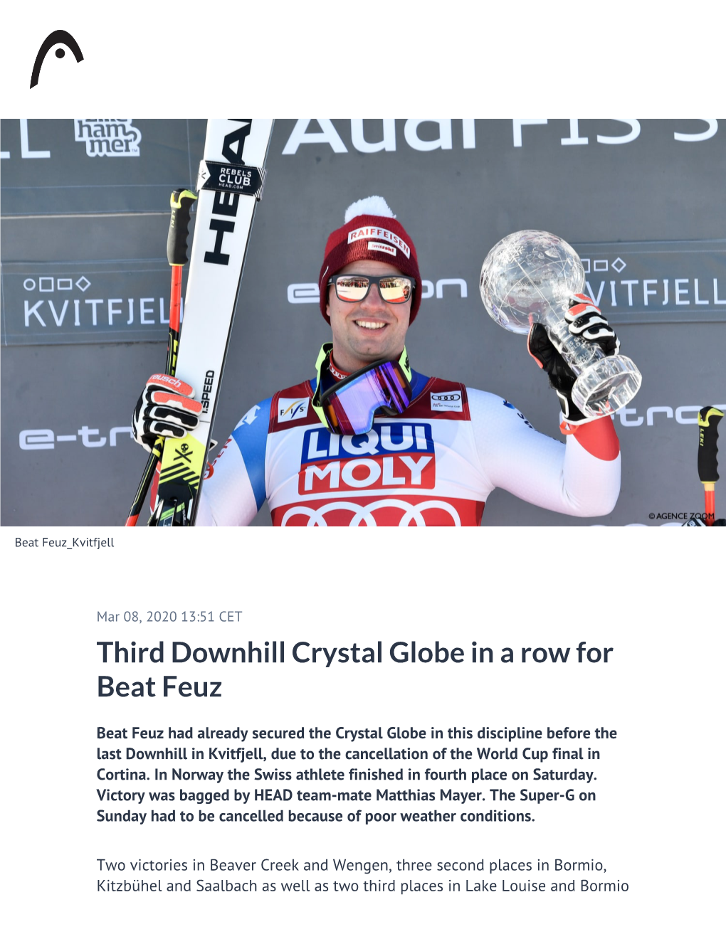 Third Downhill Crystal Globe in a Row for Beat Feuz