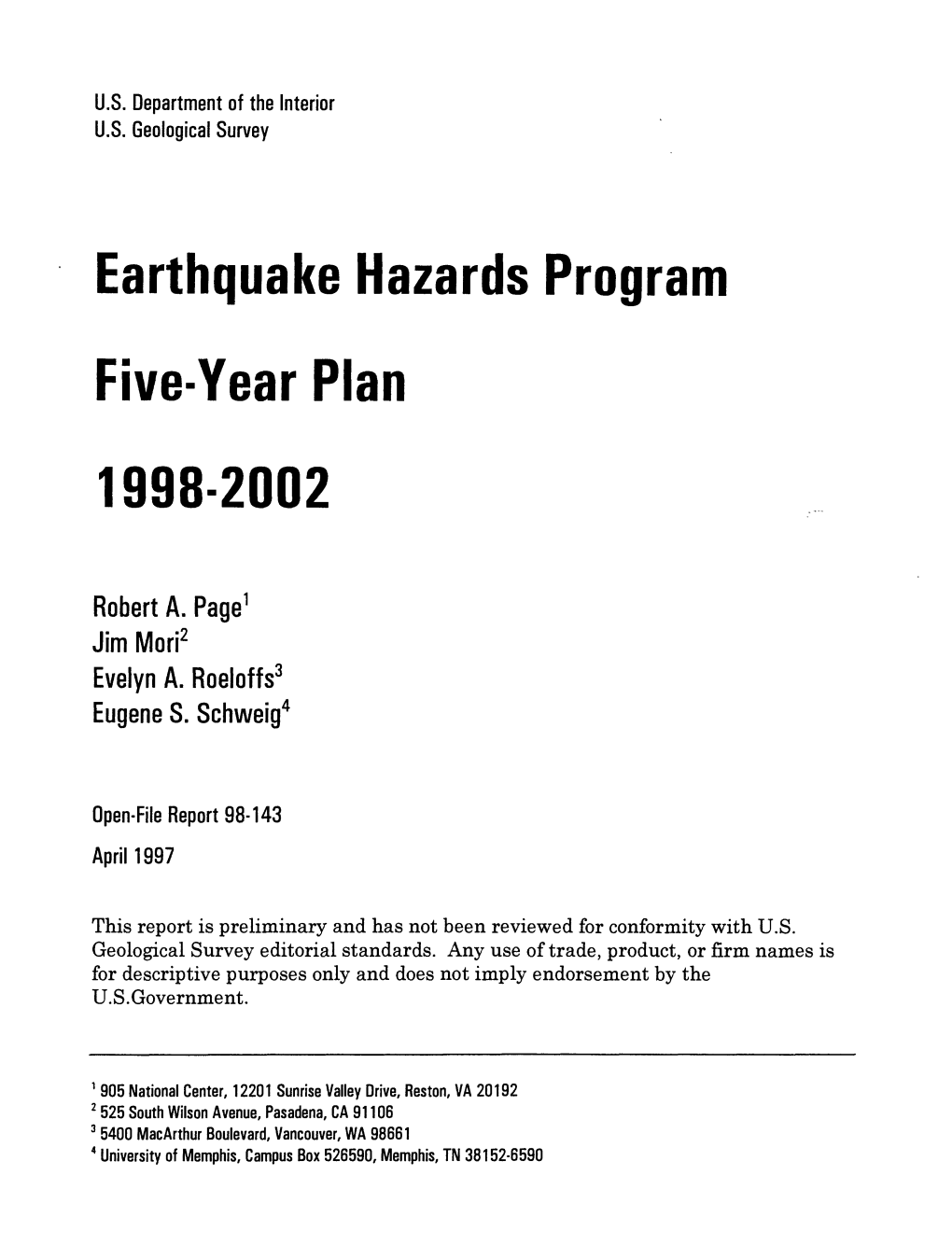 Earthquake Hazards Program Five-Year Plan 1998-2002
