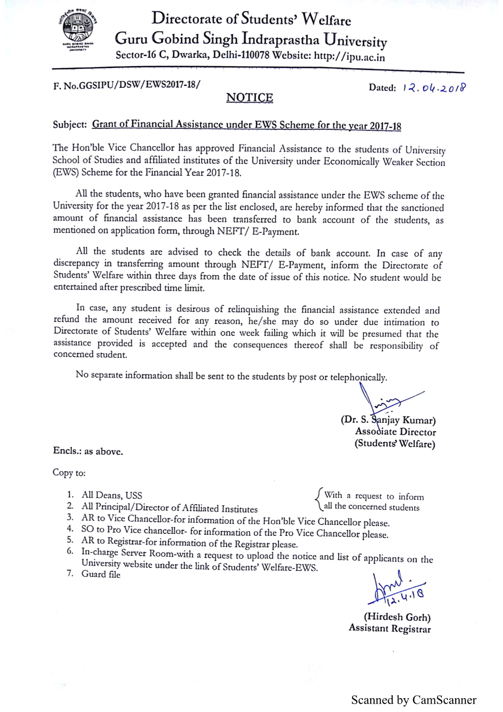 Scanned by Camscanner Financial Assistance Under EWS for the Year 2017-18