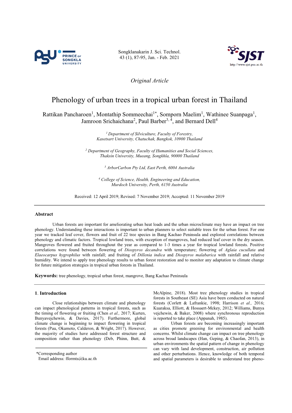 Phenology of Urban Trees in a Tropical Urban Forest in Thailand