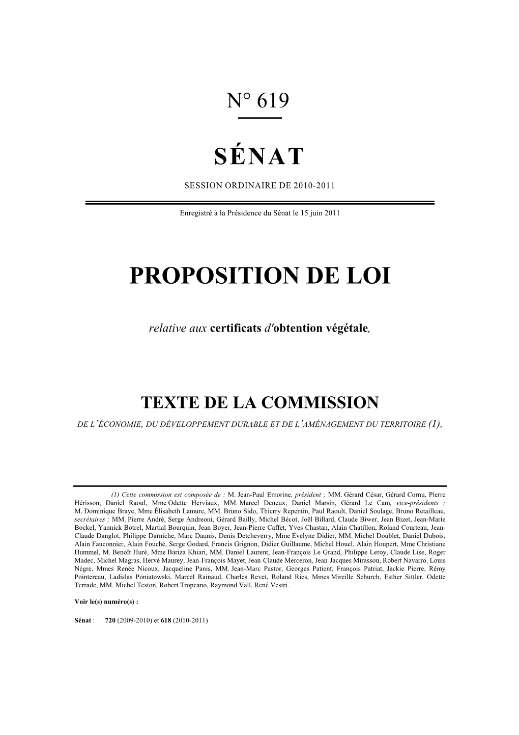 Proposition De Loi COV Enregistrée Le 15 Juin 2011