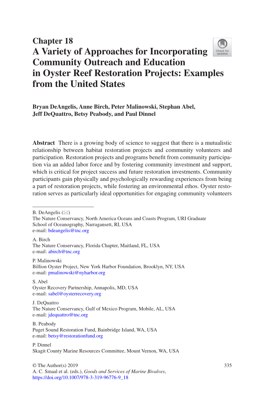 A Variety of Approaches for Incorporating Community Outreach and Education in Oyster Reef Restoration Projects: Examples from the United States