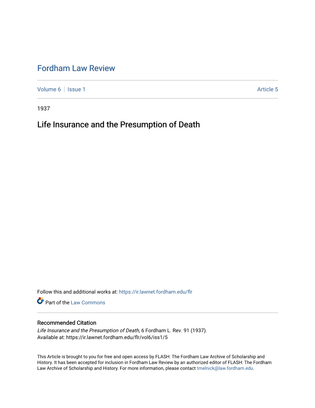 Life Insurance and the Presumption of Death