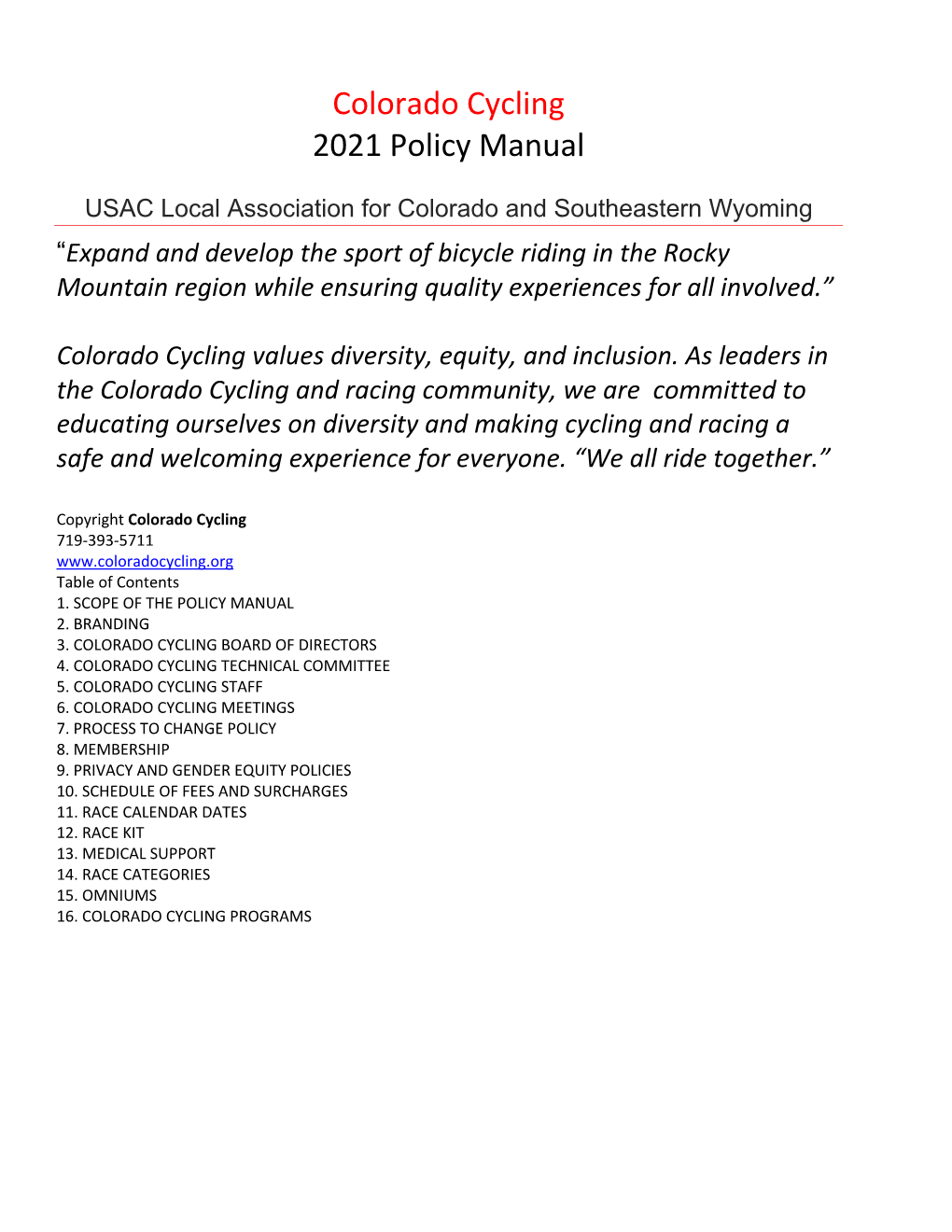 Colorado Cycling General Policy Manual