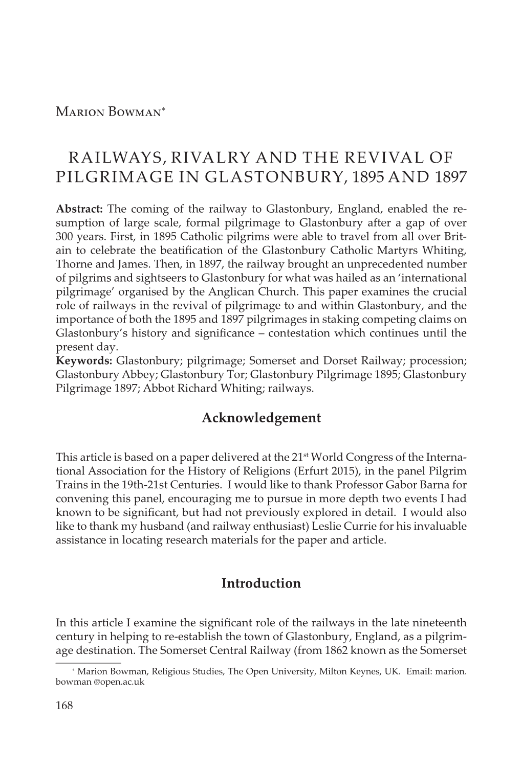 Railways, Rivalry and the Revival of Pilgrimage in Glastonbury, 1895 and 1897