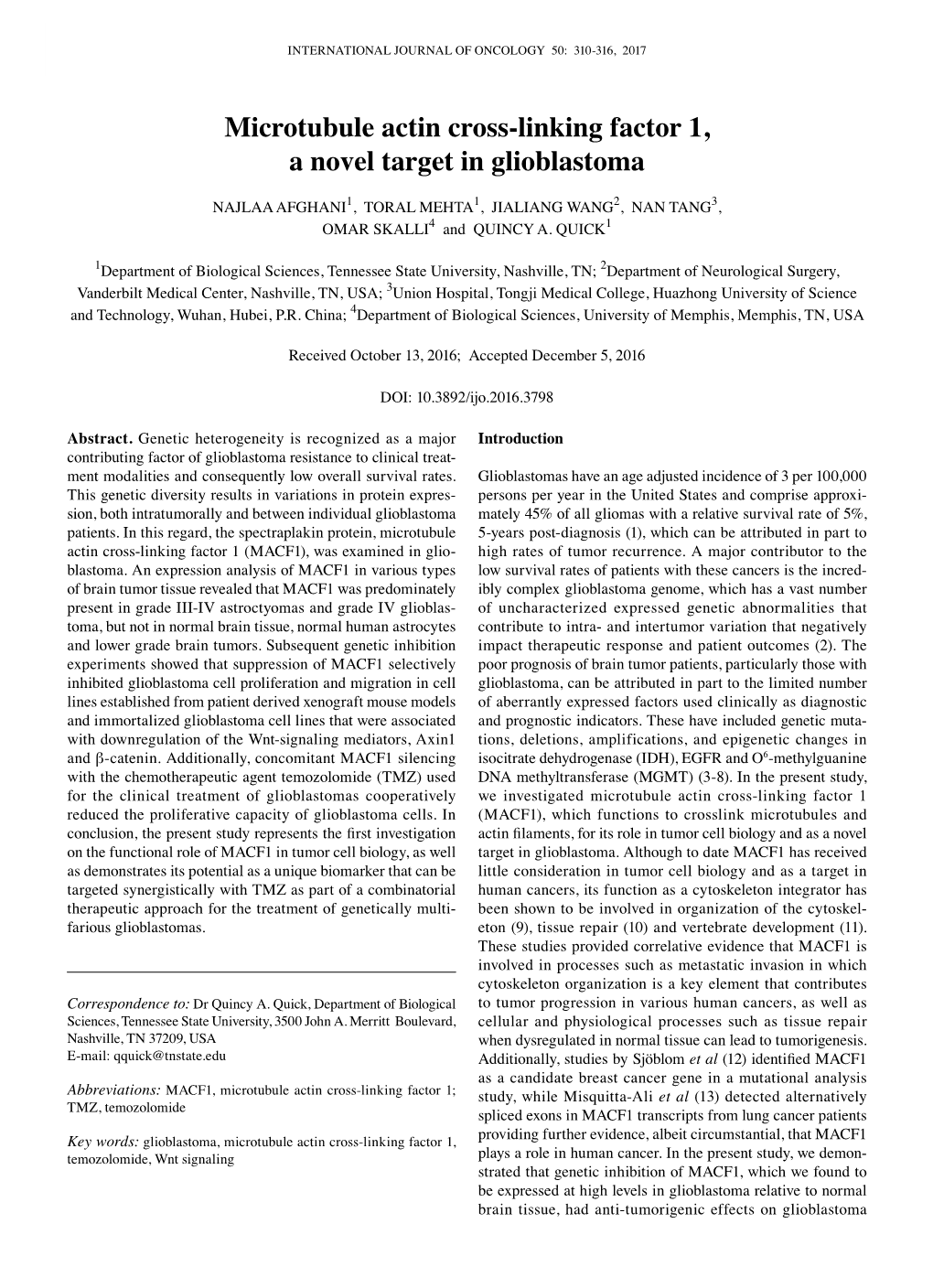 Microtubule Actin Cross-Linking Factor 1, a Novel Target in Glioblastoma